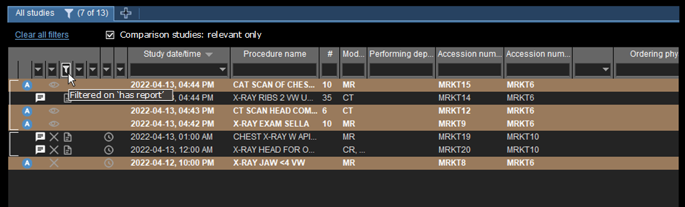 Click on the filter icon in the all studies tab to filter comparison studies.