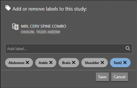 The Add or remove labels to this study screen for manipulating study labels.